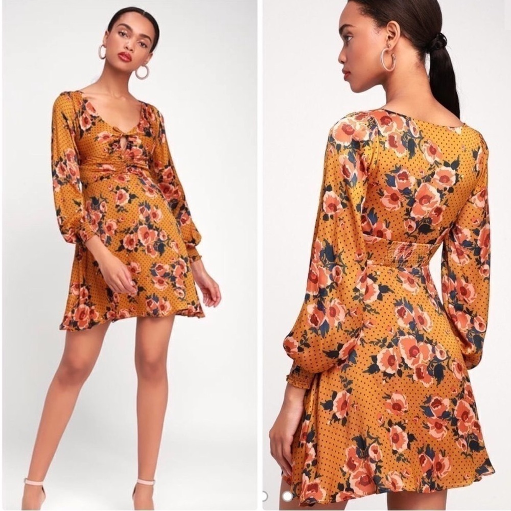FREE PEOPLE Morning Light Boho Floral Satin Longsleeve Fit and Flare Mini Dress